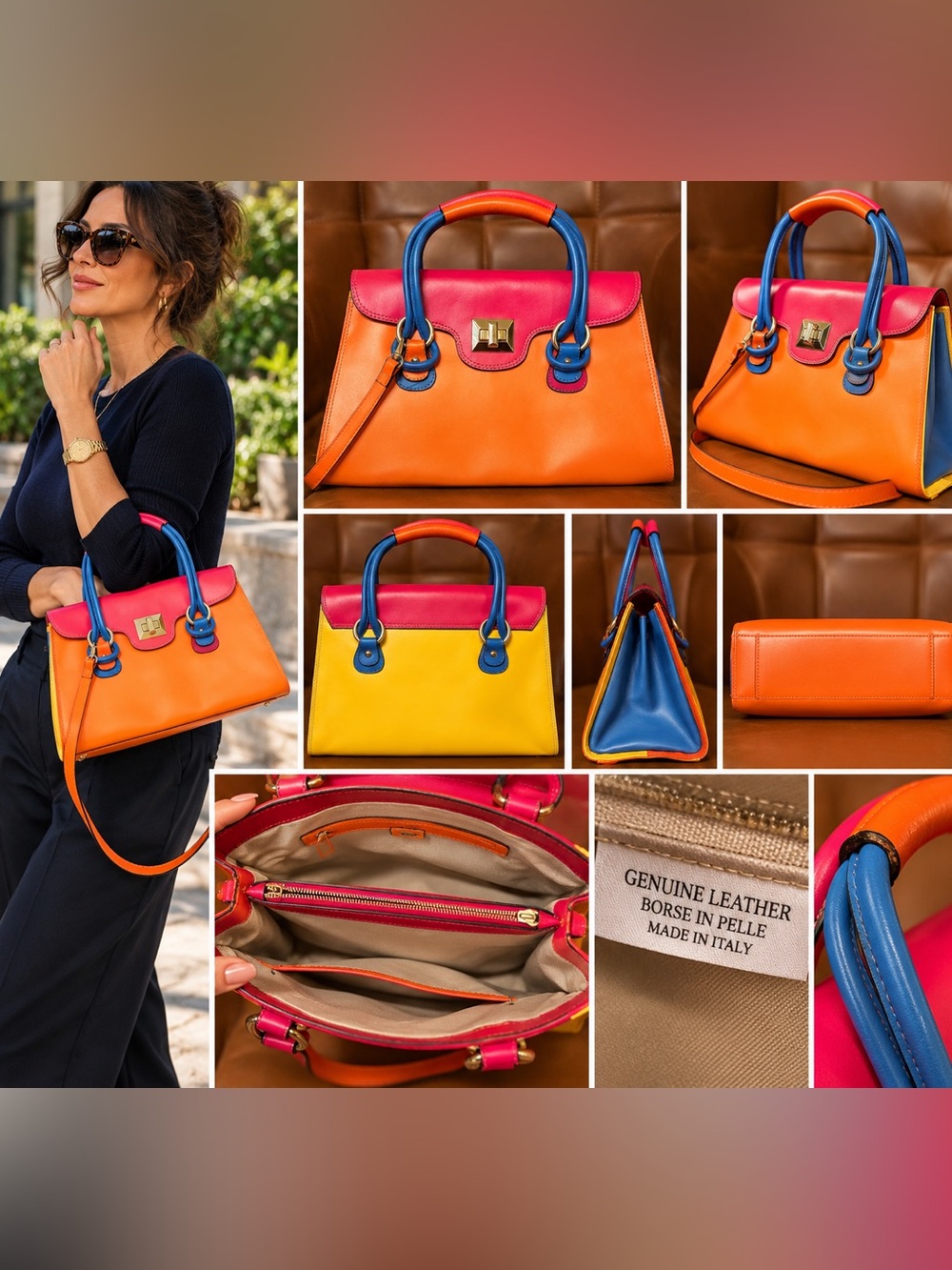 Handmade in Florence Leather Satchel Bag - Multicolor